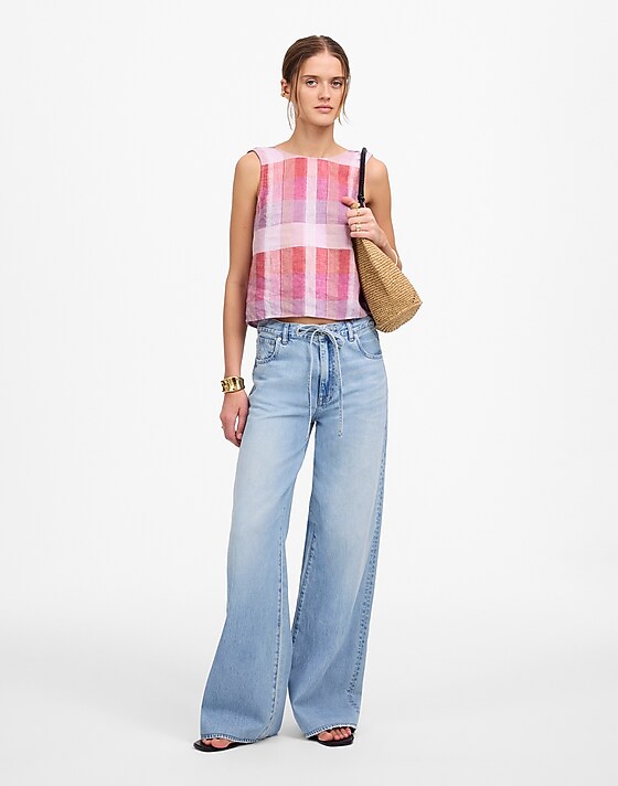 Madewell Plaid Tie-Back Tank In 100% Linen Pink Plaid