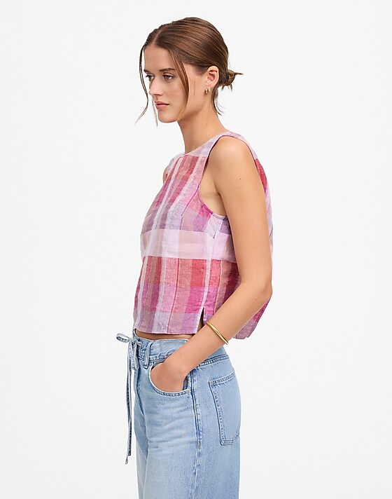 Madewell Plaid Tie-Back Tank In 100% Linen Pink Plaid