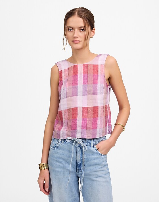 madewell Plaid Tie-Back Tank in 100% Linen pink plaid