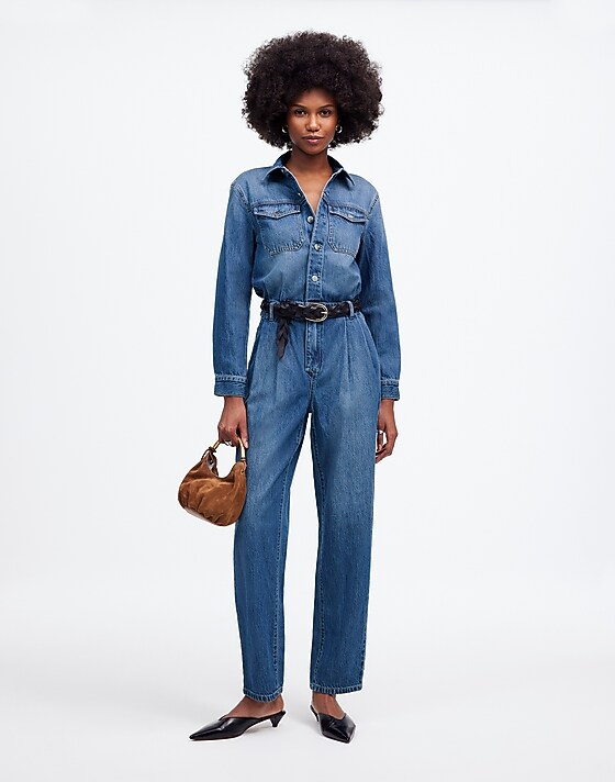 madewell Pleated Barrel-Leg Jumpsuit in Baywood Wash: Airy Denim Edition baywood wash