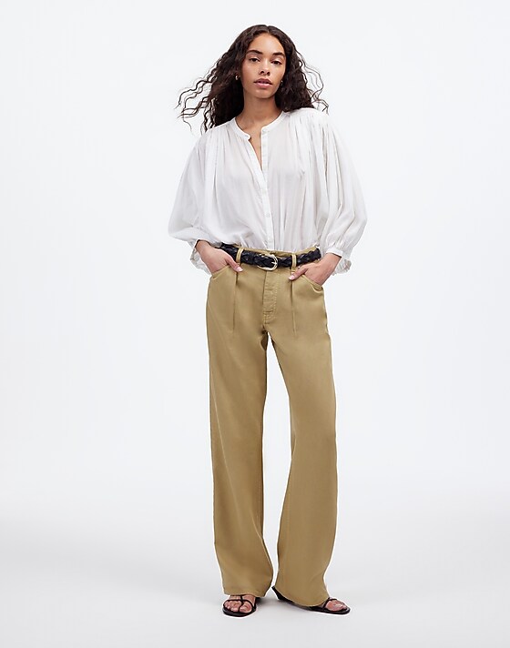 madewell Pleated Low-Slung Baggy Jean in Garment Dye: Airy Denim Edition true khaki