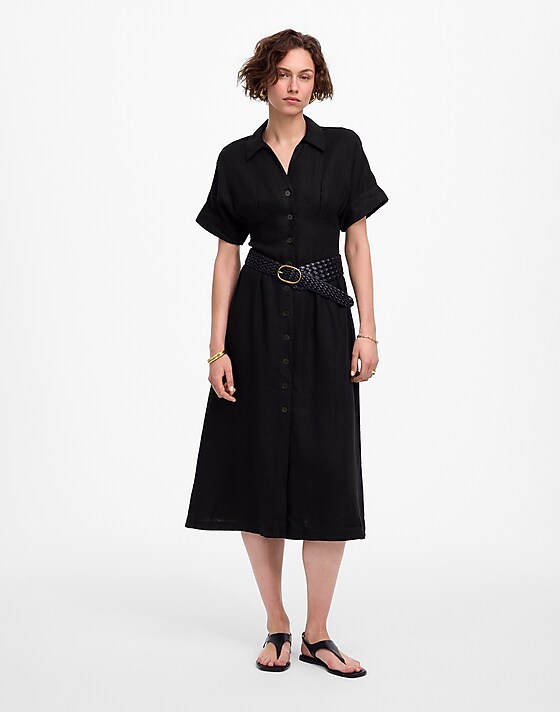 Madewell Pleated Midi Shirtdress In 100% Linen Jet Black