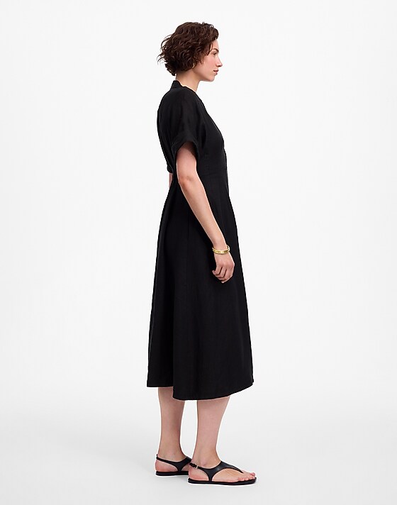 Madewell Pleated Midi Shirtdress In 100% Linen Jet Black