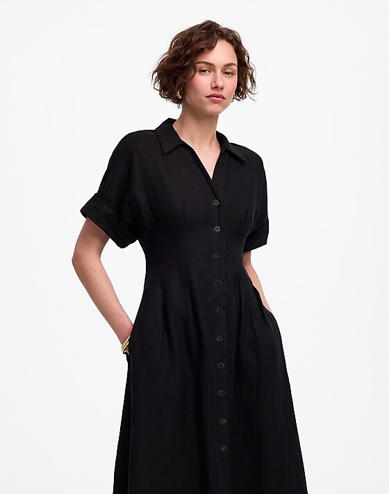 madewell Pleated Midi Shirtdress in 100% Linen jet black