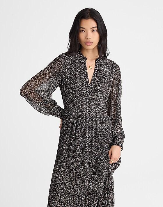 Madewell Pleated Puff-Sleeve Maxi Dress In Floral Jet Black