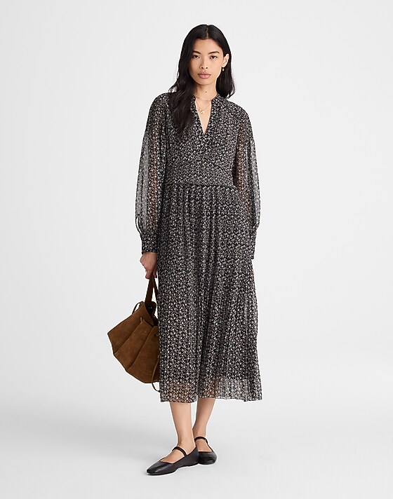 madewell Pleated Puff-Sleeve Maxi Dress in Floral jet black