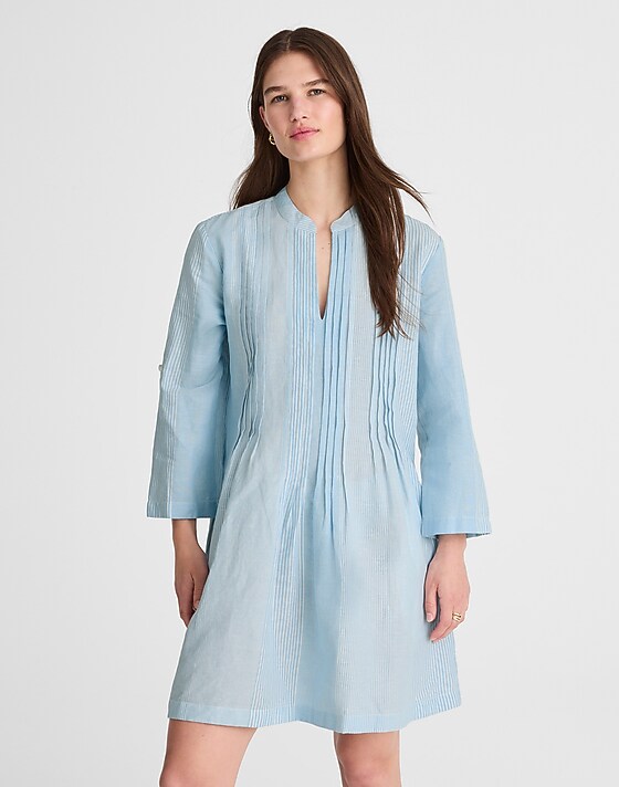 Madewell Pleated Splitneck Mini Shirtdress In Stripe Blue White Multi Stripe