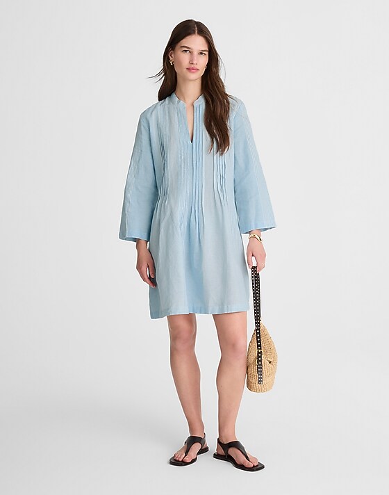 madewell Pleated Splitneck Mini Shirtdress in Stripe blue white multi stripe