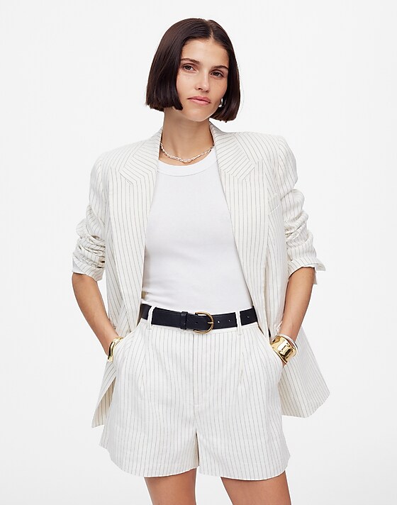 madewell Pleated Trouser Shorts in Pinstripe Linen Blend ivory black pinstripe