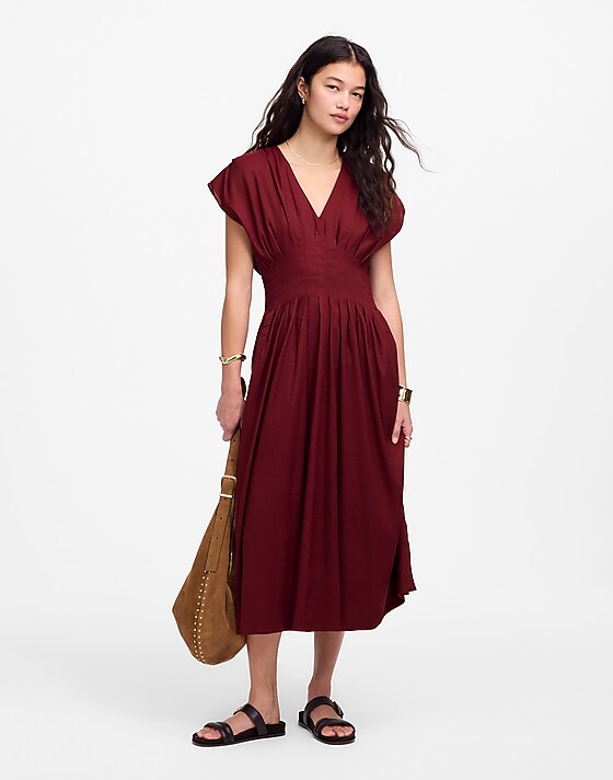 Madewell Pleated V-Neck Midi Dress Vintage Burgundy