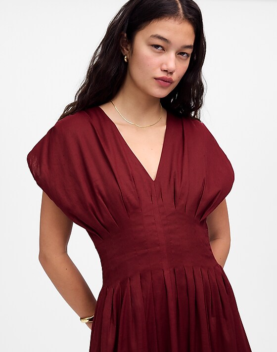 madewell Pleated V-Neck Midi Dress vintage burgundy
