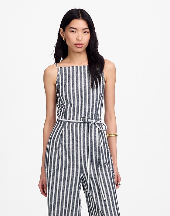Madewell Pleated Wide-Leg Jumpsuit In Pinstripe Linen Navy White Stripe