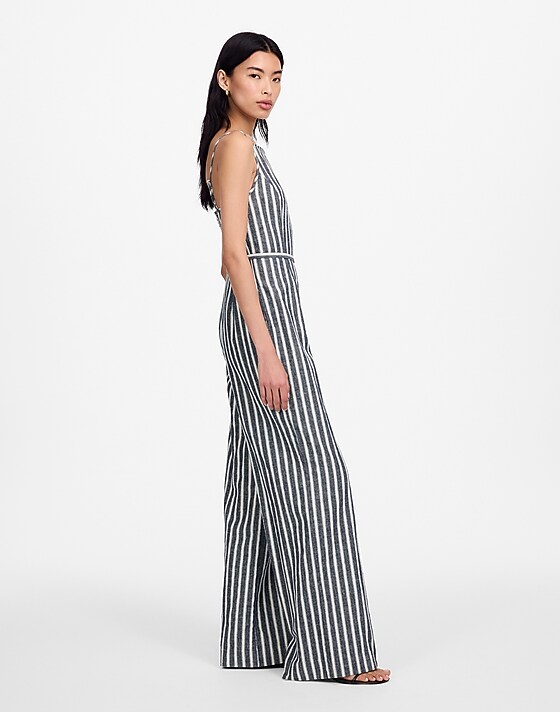 Madewell Pleated Wide-Leg Jumpsuit In Pinstripe Linen Navy White Stripe