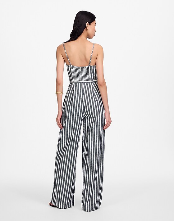Madewell Pleated Wide-Leg Jumpsuit In Pinstripe Linen Navy White Stripe