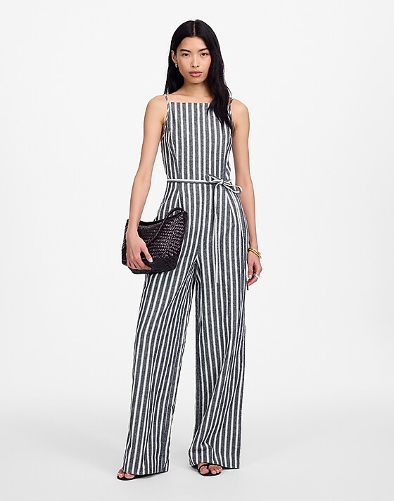 madewell Pleated Wide-Leg Jumpsuit in Pinstripe Linen navy white stripe