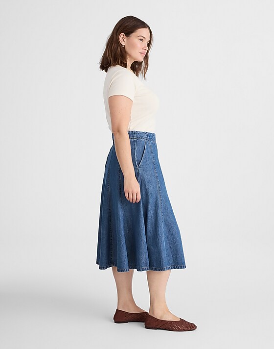 Madewell Plus Flared Denim Midi Skirt: Airy Denim Edition Mosby Wash