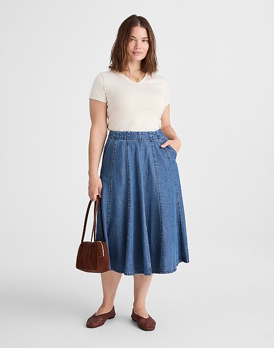 madewell Plus Flared Denim Midi Skirt: Airy Denim Edition mosby wash