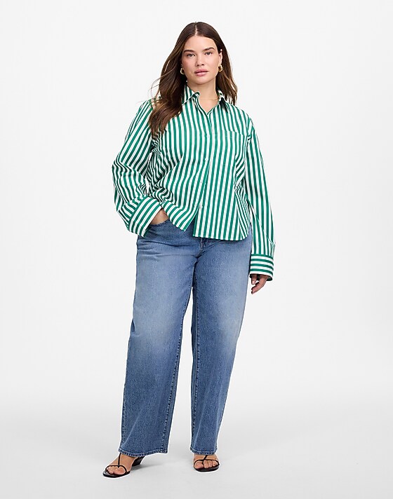 Madewell Plus Poplin Easy Y-Neck Button-Up Shirt Verdant Green
