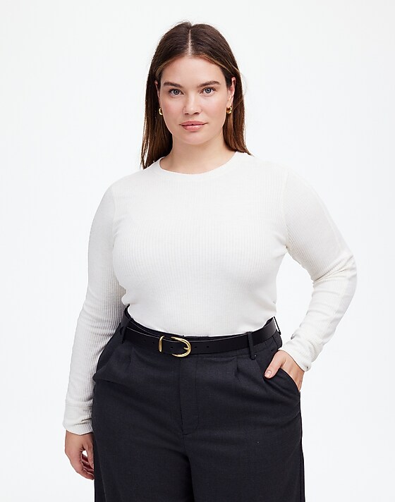 Madewell Plus Ribbed Crewneck Long-Sleeve Tee Hthr Cream