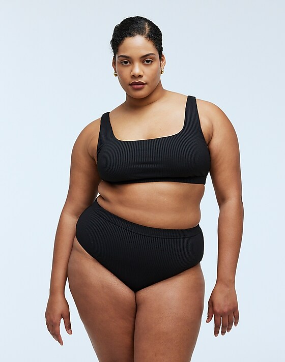 madewell Plus Ribbed High-Rise Bikini Bottom true black