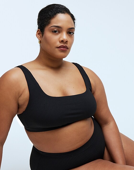 madewell Plus Ribbed Square-Neck Bikini Top true black