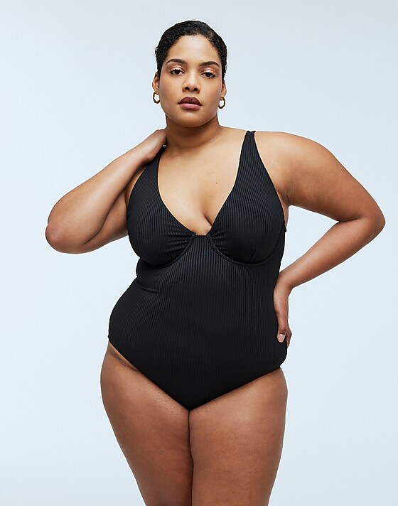 madewell Plus Ribbed Underwire Open-Back One-Piece Swimsuit true black