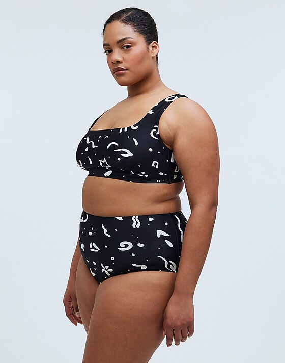Madewell Plus Square-Neck Bikini Top In Abstract Doodle True Black