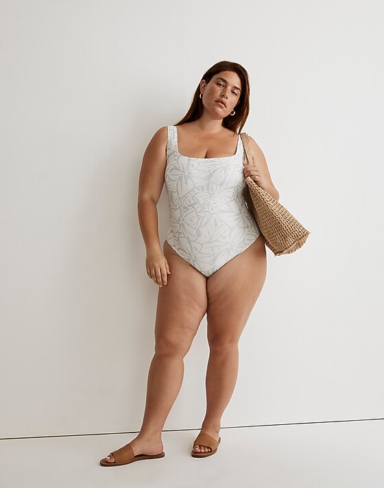 madewell Plus Square-Neck Tank One-Piece Swimsuit lighthouse cool fog
