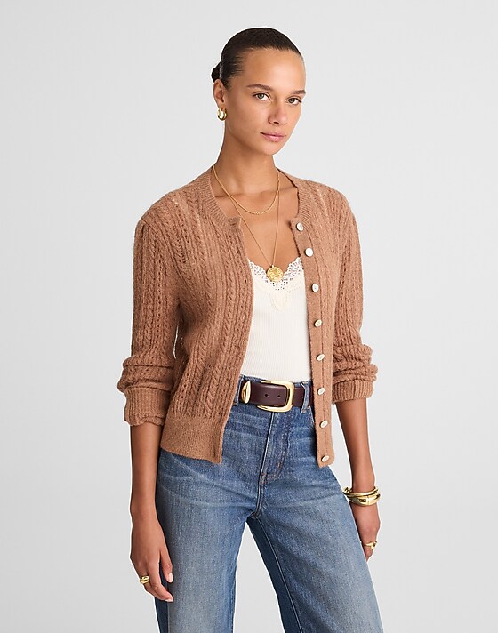 madewell Pointelle-Stitch Cardigan in Alpaca Blend coffee