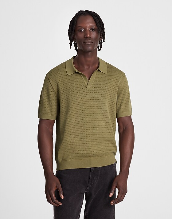 Madewell Pointelle-Stitch Johnny-Collar Sweater Polo Expat Olive