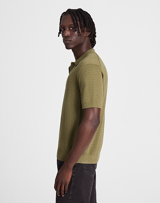 Madewell Pointelle-Stitch Johnny-Collar Sweater Polo Expat Olive