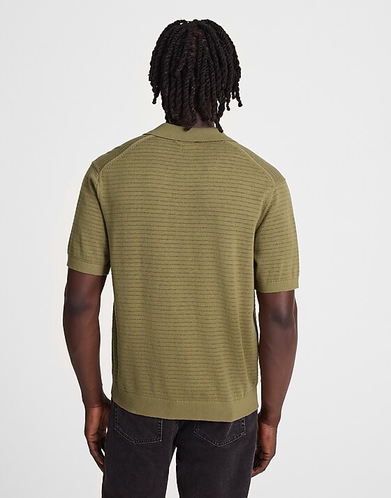 Madewell Pointelle-Stitch Johnny-Collar Sweater Polo Expat Olive