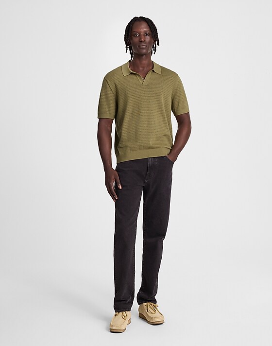 madewell Pointelle-Stitch Johnny-Collar Sweater Polo expat olive