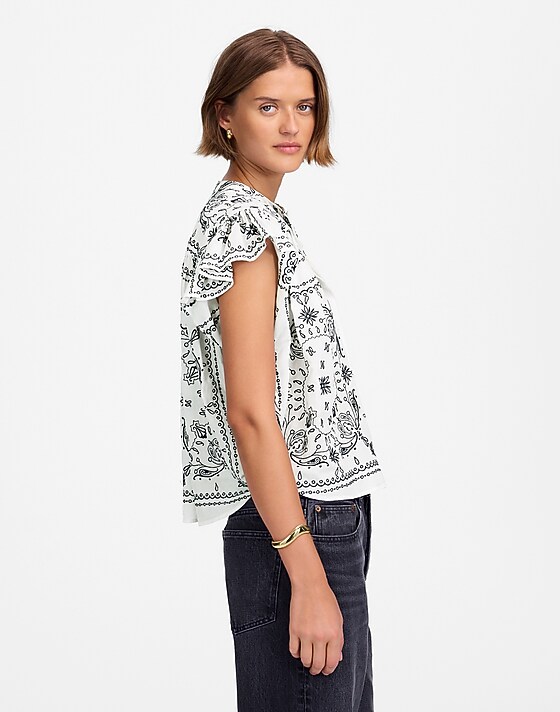 Madewell Poplin Shirred Button-Up Shirt White Dark Navy Emb