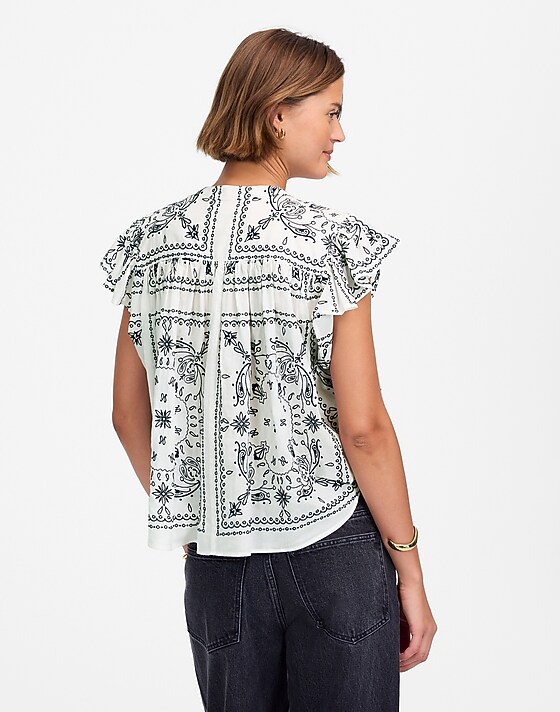 Madewell Poplin Shirred Button-Up Shirt White Dark Navy Emb