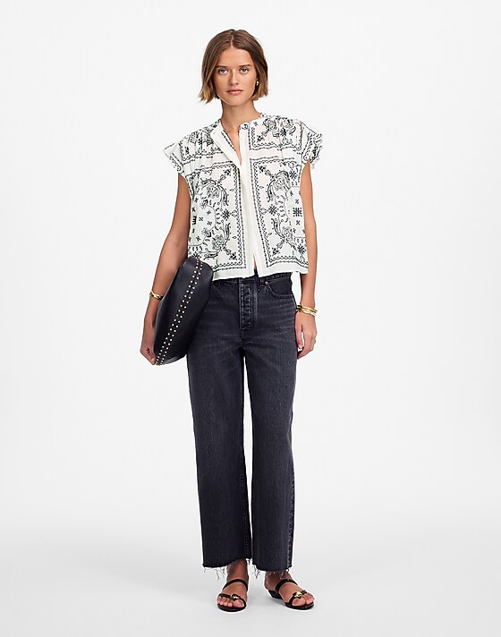 madewell Poplin Shirred Button-Up Shirt white dark navy emb