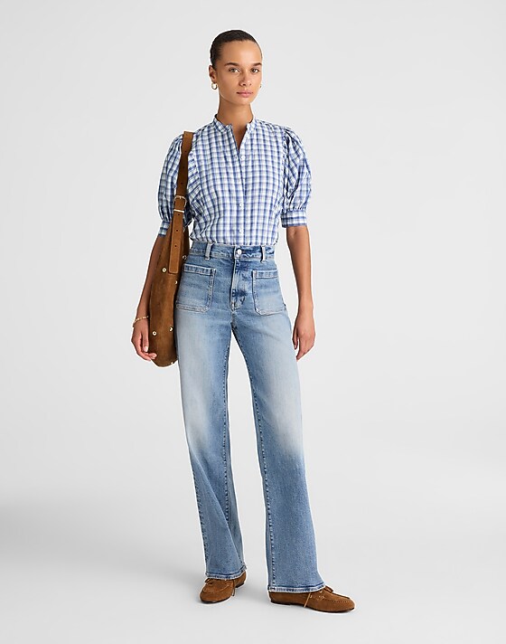 Madewell Puff-Sleeve Band-Collar Shirt Blue White Plaid