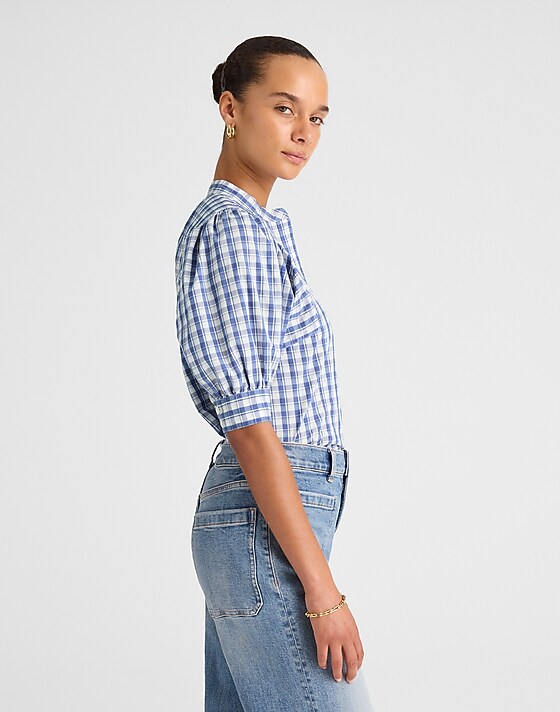 Madewell Puff-Sleeve Band-Collar Shirt Blue White Plaid