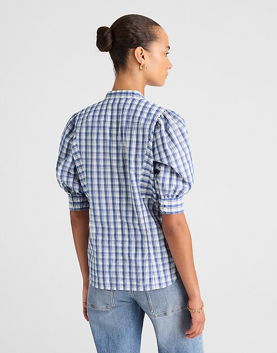 Madewell Puff-Sleeve Band-Collar Shirt Blue White Plaid