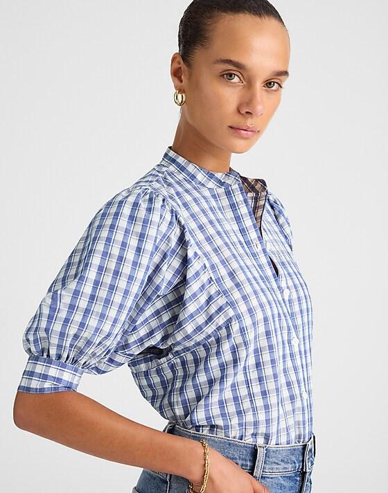 madewell Puff-Sleeve Band-Collar Shirt blue white plaid