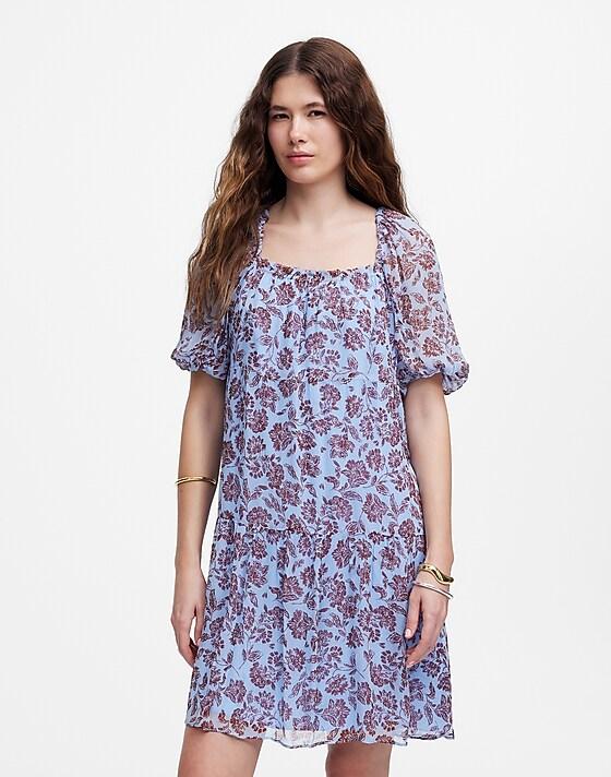 Madewell Puff-Sleeve Mini Dress In Floral Saylor Floral Light Pool