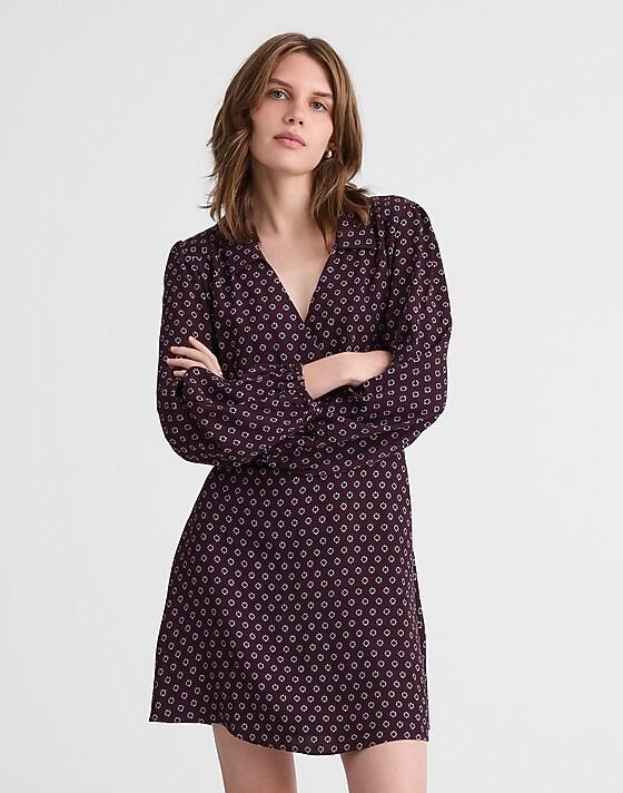 Madewell Puff-Sleeve Mini Wrap Shirtdress Burg Foulard