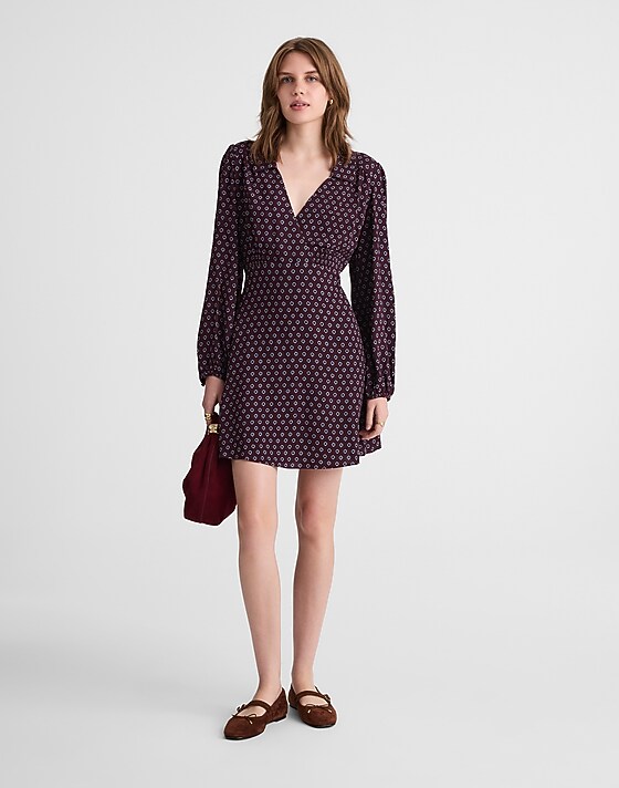 madewell Puff-Sleeve Mini Wrap Shirtdress burg foulard