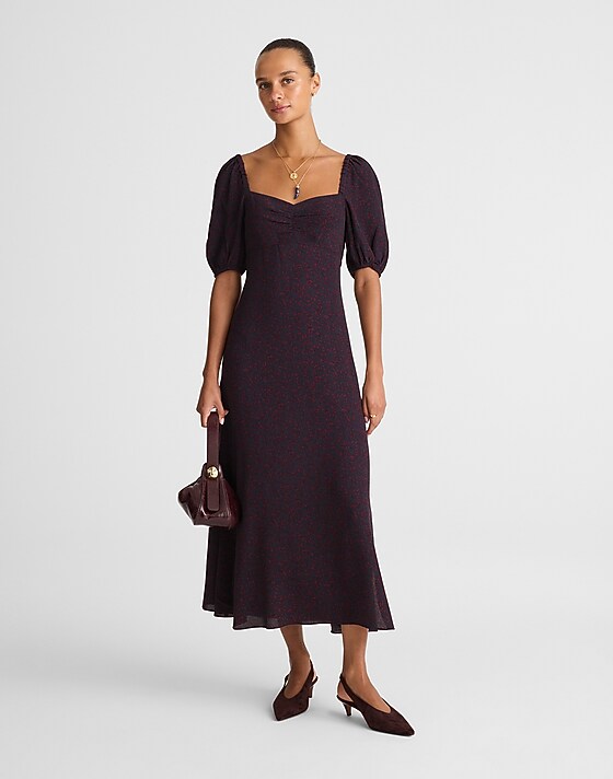 Madewell Puff-Sleeve Sweetheart Midi Dress Abstract Leaf Navy And Burg