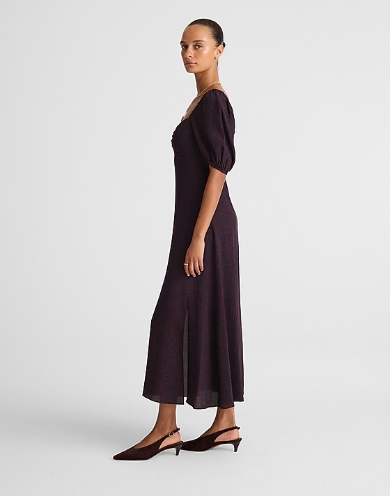 Madewell Puff-Sleeve Sweetheart Midi Dress Abstract Leaf Navy And Burg