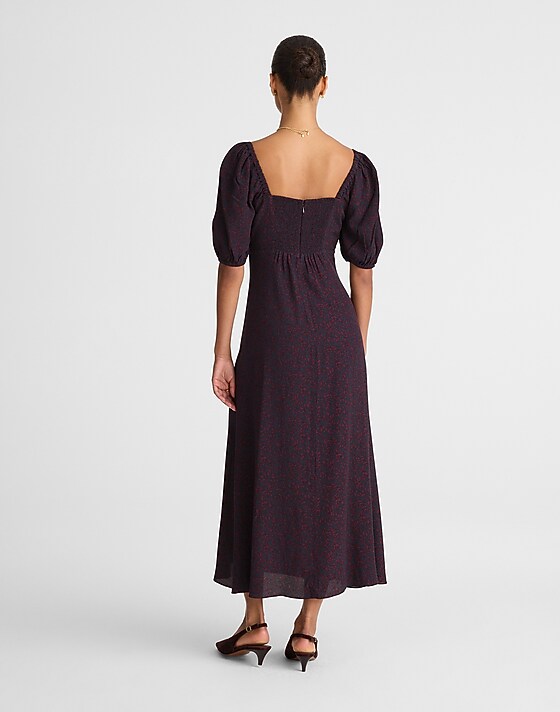 Madewell Puff-Sleeve Sweetheart Midi Dress Abstract Leaf Navy And Burg