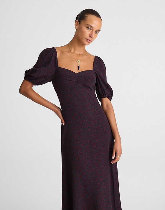madewell Puff-Sleeve Sweetheart Midi Dress abstract leaf navy and burg