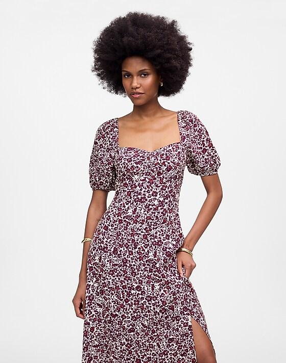 Madewell Puff Sleeve Sweetheart Midi Dress In Floral Amanda Floral And Ivory