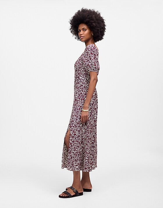 Madewell Puff Sleeve Sweetheart Midi Dress In Floral Amanda Floral And Ivory