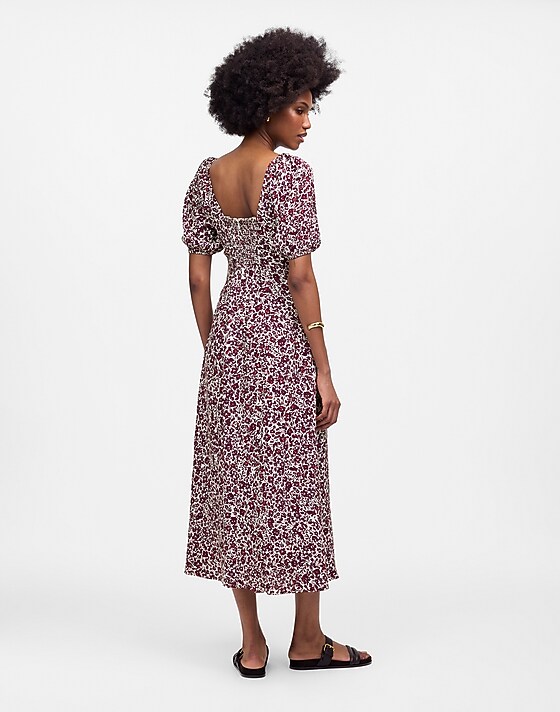 Madewell Puff Sleeve Sweetheart Midi Dress In Floral Amanda Floral And Ivory